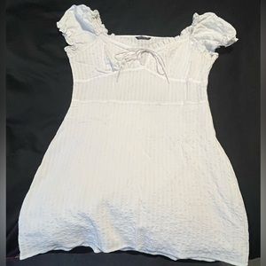 SHEIN curve tie neck frill trim ruched bust dress. Puff sleeve